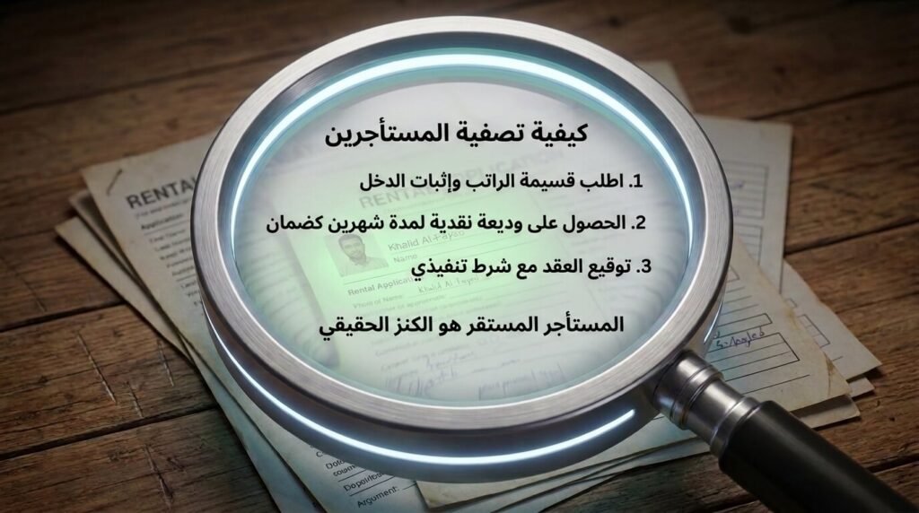 عدسة مكبرة تحلل طلبات التأجير وتظهر عليها نصوص تشرح خطوات طلب مفردات المرتب وفلترة الزبائن عند عرض شقق للإيجار.