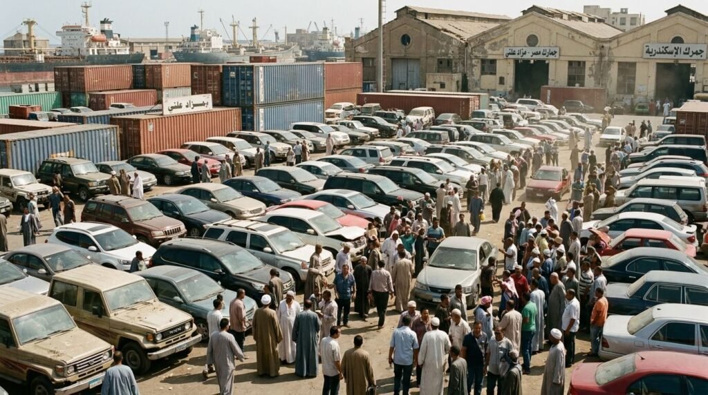 ساحة مزادات الجمارك المصرية مليئة بالسيارات والبضائع أثناء معاينة التجار