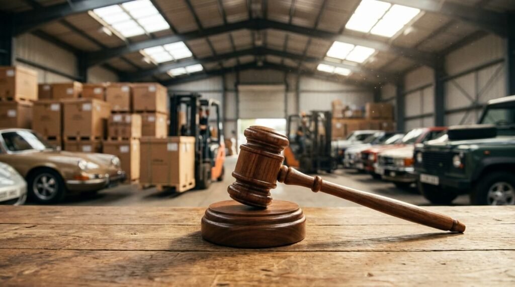مطرقة المزاد أثناء المزايدة على سيارات وبضائع في مزادات الجمارك