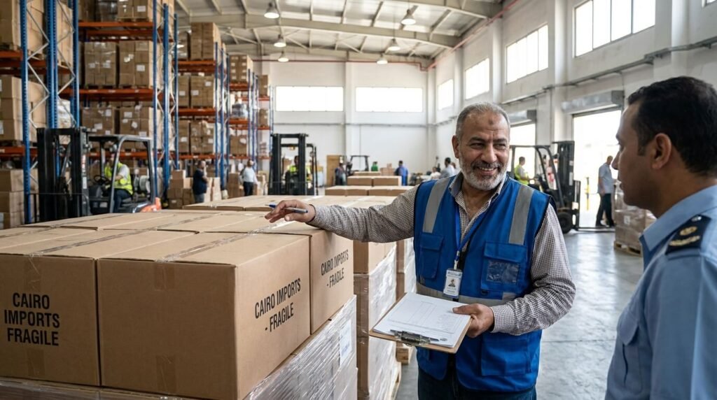 تاجر محترف يفحص لوط بضائع قبل الشراء من مزادات الجمارك المصرية