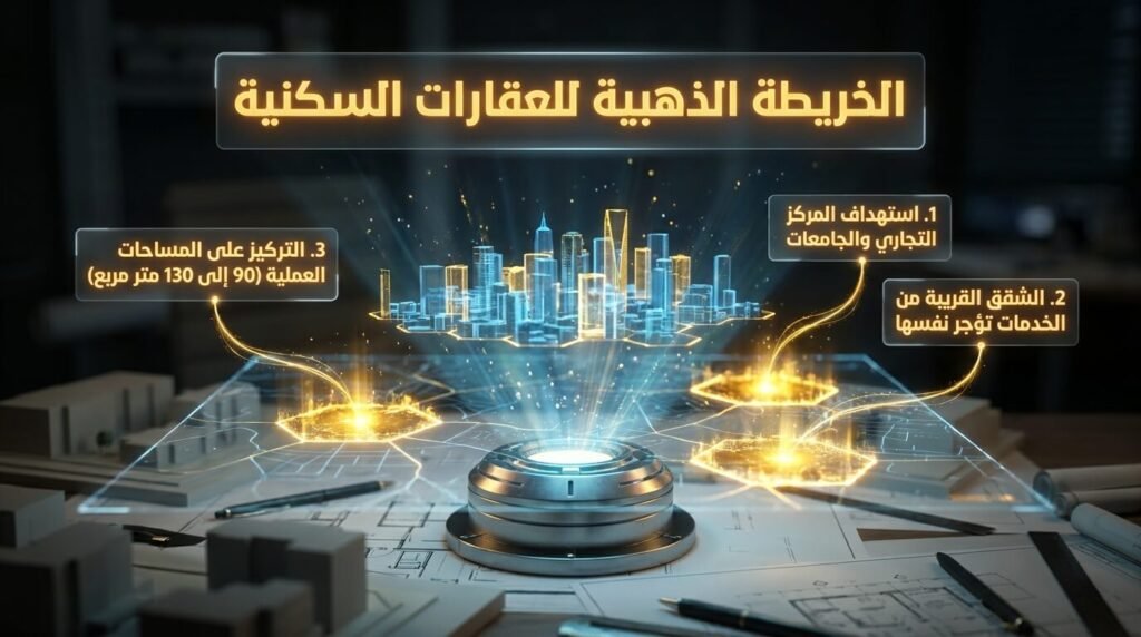خريطة مدينة ثلاثية الأبعاد توضح أهمية اختيار الموقع القريب من الخدمات التجارية والجامعات لضمان سرعة تأجير أي شقق للإيجار.
