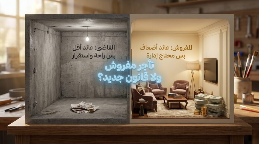 غرفة مقسومة نصفين لشرح الفرق في العائد الاستثماري وراحة البال عند الاختيار بين طرح شقق للإيجار مفروشة أو فارغة.
