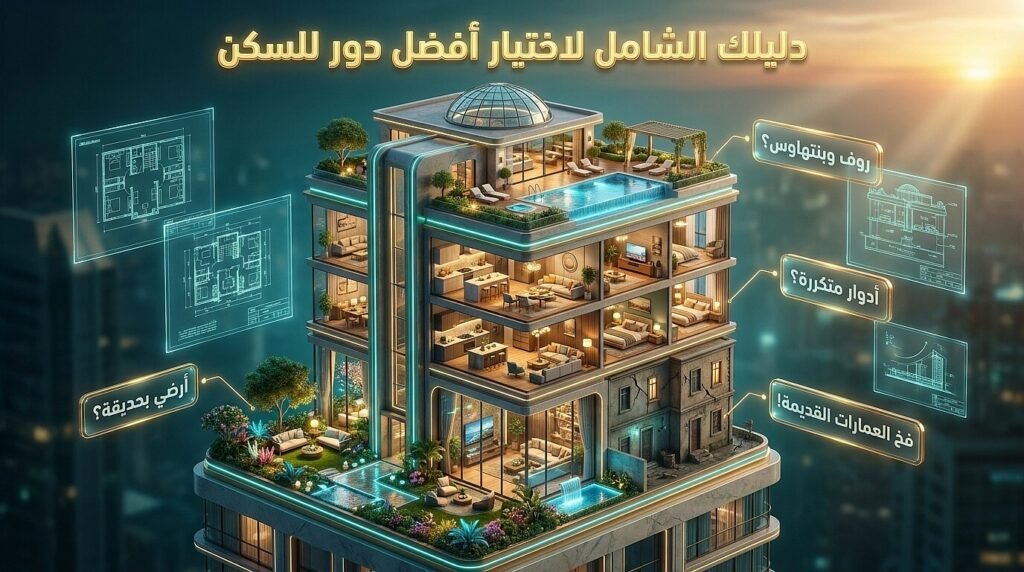 مقارنة معمارية لاختيار افضل دور للسكن بين الشقة الأرضي بحديقة، الأدوار المتكررة، والبنتهاوس أو الروف لضمان راحة أسرتك.