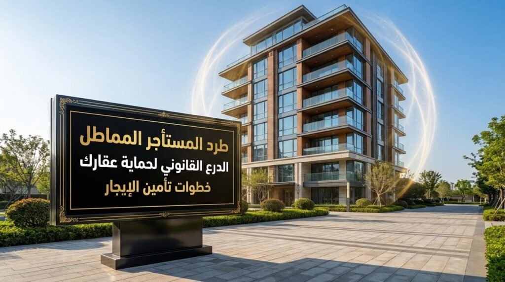 لوحة إرشادية أمام عمارة سكنية فخمة توضح خطوات تأمين الإيجار وكيفية طرد المستأجر مماطل لحماية استثمارك العقاري بقوة القانون.