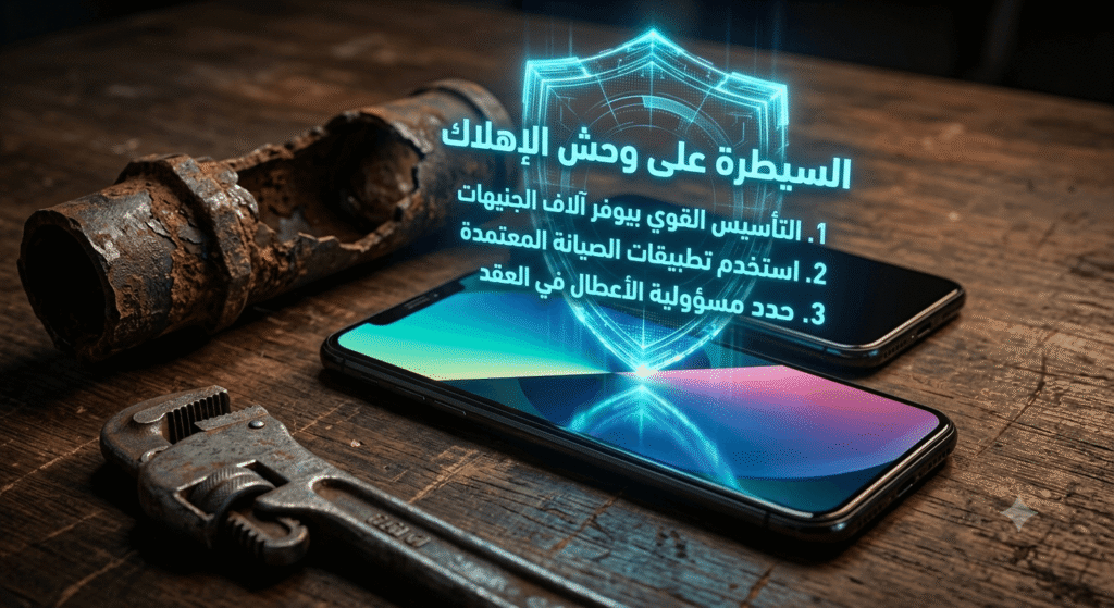 هاتف ذكي يعرض واجهة تطبيق صيانة لحل أعطال السباكة، مع نصوص توضح كيفية حماية أرباح شقق للإيجار من مصاريف الصيانة وتقليل الإهلاك.
