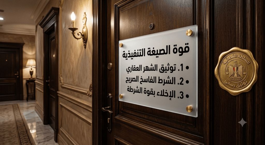 باب شقة خشبي معلق عليه لوحة توضح أهمية توثيق الشهر العقاري والصيغة التنفيذية لضمان طرد المستأجر ممتنع عن الدفع فوراً دون اللجوء للمحاكم.
