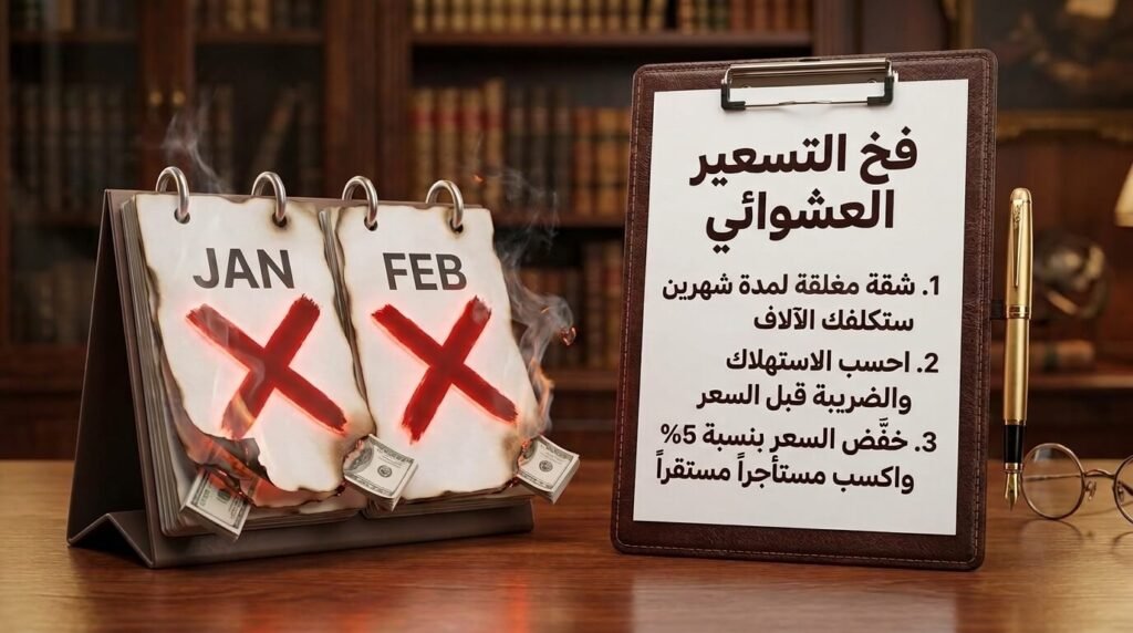 تقويم يوضح خسارة الأموال عند ترك العقار فارغاً، بجواره مستند مالي يشرح استراتيجية التسعير العادل لضمان استمرار تأجير شقق للإيجار.
