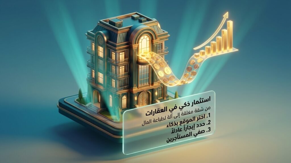 مجسم لعمارة سكنية تخرج منها عملات ذهبية مع لوحة توضح أسرار تحقيق أعلى عائد استثماري عند عرض شقق للإيجار في السوق العقاري.