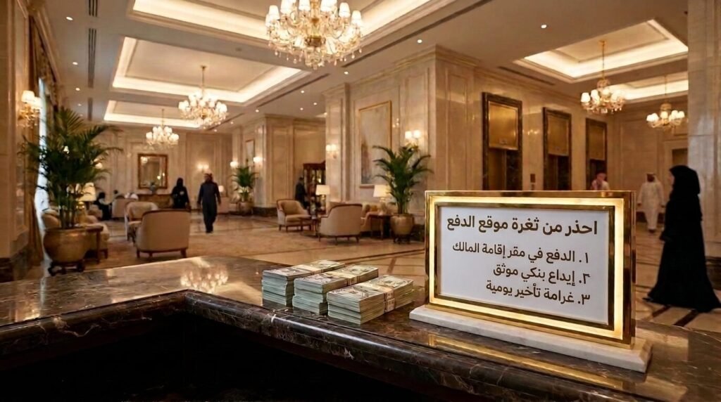 مدخل عمارة رخامي يضم لوحة إرشادية ورزم أموال لتوضيح كيفية تحديد مكان الدفع لتجنب تلاعب المستأجر وتعطيل إجراءات طرد مستأجر في المحكمة.