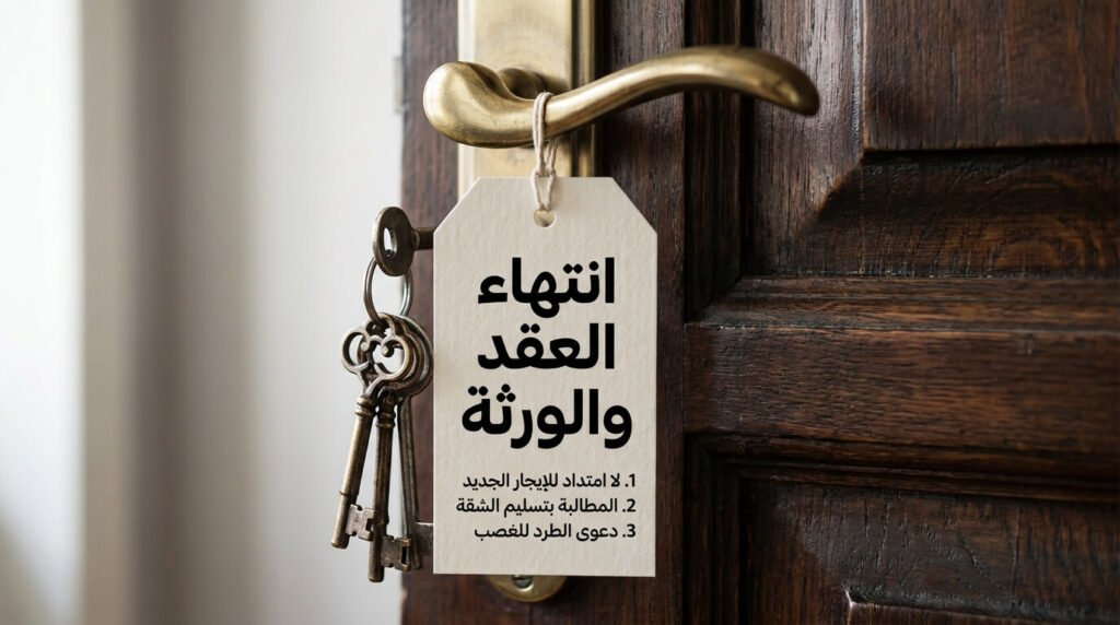 مفاتيح شقة معلقة على مقبض باب مع بطاقة تؤكد عدم امتداد الإيجار الجديد للورثة وضرورة رفع دعوى طرد المستأجر للغصب عند الامتناع عن التسليم.