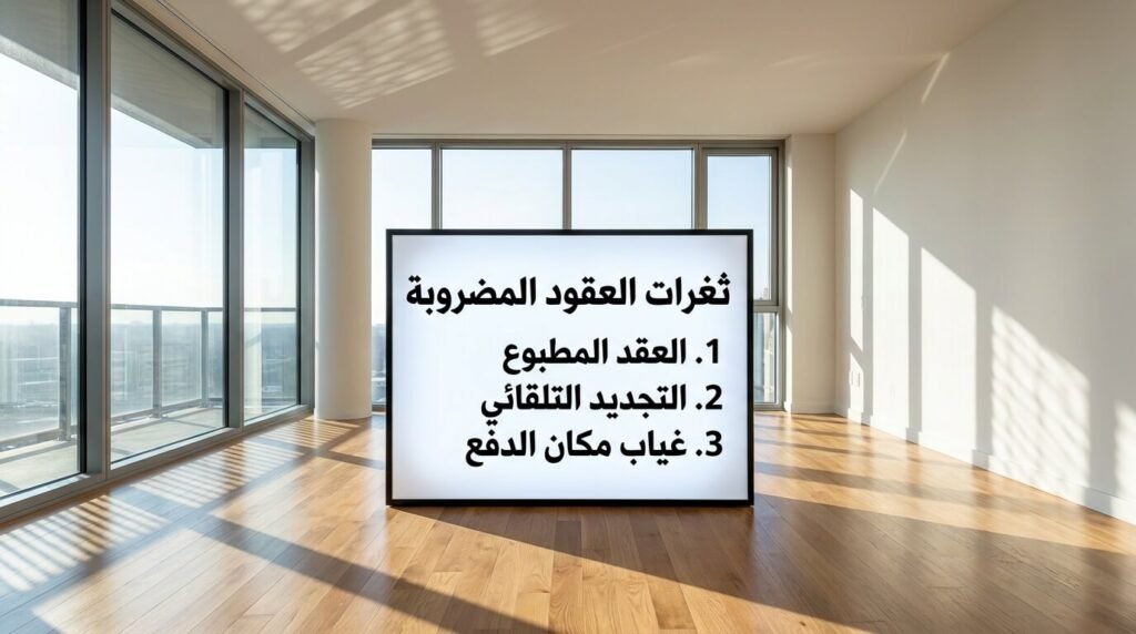 شقة جديدة فارغة تحتوي على لوحة عرض تشرح أشهر ثغرات عقود الإيجار المضروبة التي تعرقل خطوات طرد المستأجر عند مخالفته للشروط.