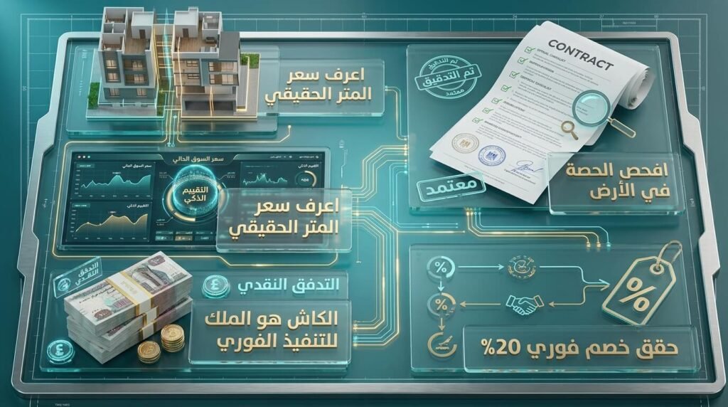 دليل مرئي شامل يوضح استراتيجيات وتكتيكات التفاوض على سعر الشقة، تقييم سعر المتر، وحماية الميزانية عند شراء شقة في مصر.
