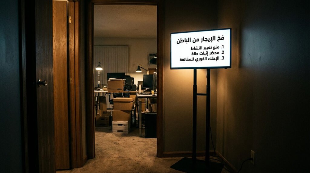 باب شقة نصف مفتوح يظهر منه مكاتب مخالفة، وبجواره لوحة تحذر من الإيجار من الباطن باعتباره مخالفة صريحة تستوجب طرد المستأجر بشكل فوري.