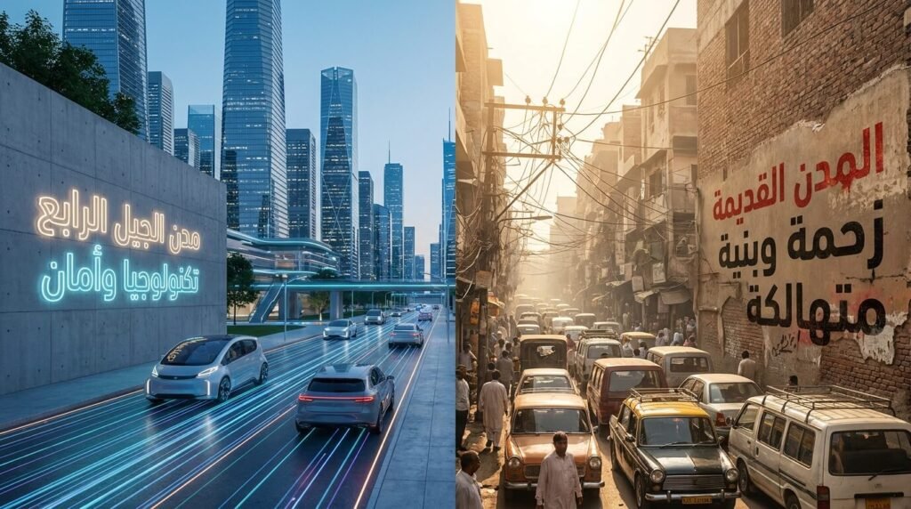 انقسام بصري يوضح الفارق بين البنية التحتية الذكية لمدن الجيل الرابع والمدن القديمة كوجهة أساسية في تملك الأجانب.
