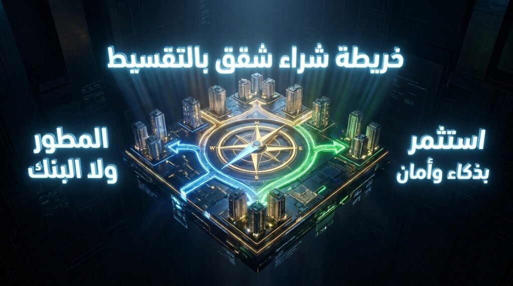 بوصلة استثمارية ثلاثية الأبعاد توضح خريطة شراء شقق بالتقسيط والمقارنة بين المطور العقاري والتمويل البنكي لضمان أمان أموالك.