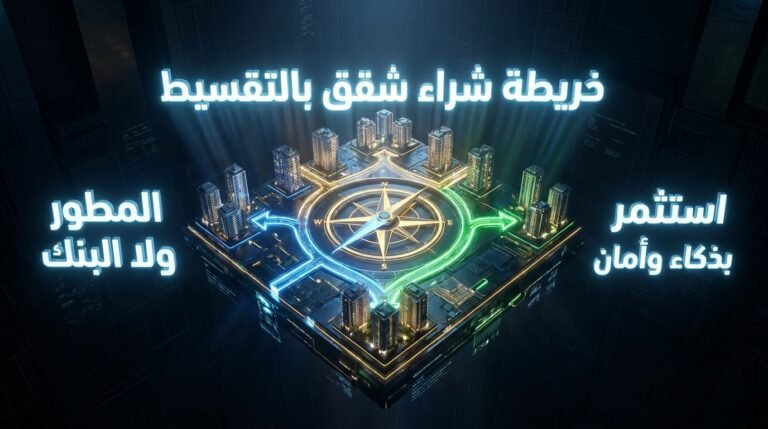 بوصلة استثمارية ثلاثية الأبعاد توضح خريطة شراء شقق بالتقسيط والمقارنة بين المطور العقاري والتمويل البنكي لضمان أمان أموالك.