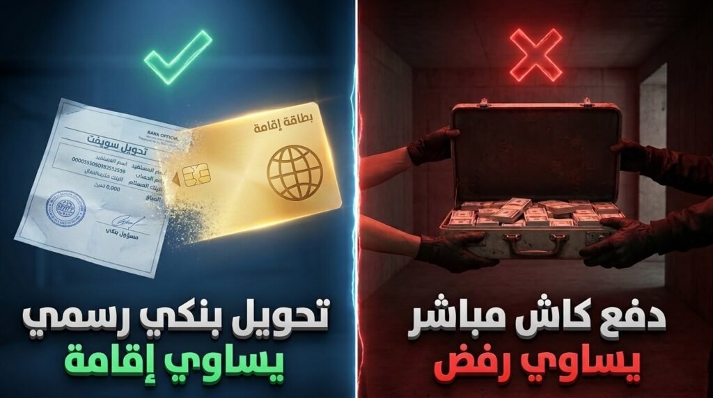 مقارنة توضح أهمية التحويل البنكي الرسمي مقابل الدفع الكاش لضمان استخراج الإقامة ضمن قوانين تملك الأجانب في مصر.
