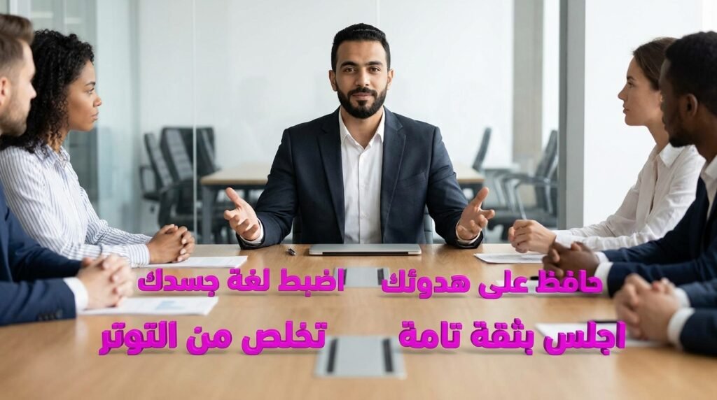 أهمية لغة الجسد الهادئة والثبات الانفعالي والجلوس بثقة أثناء اجتماع طلب زيادة الراتب.
