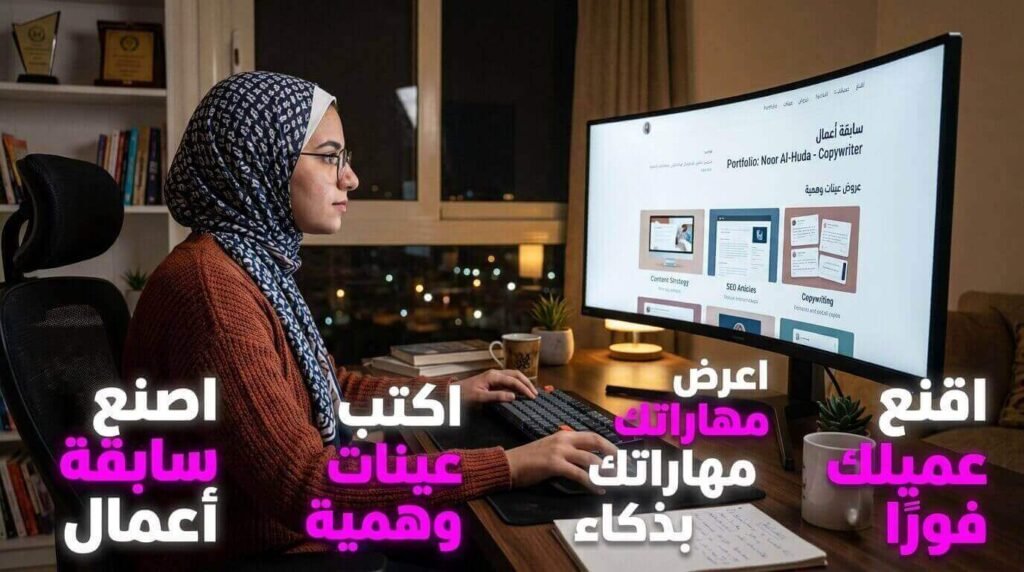 إنشاء سابقة أعمال وتصميم عينات وهمية لعرض المهارات بذكاء لإقناع العملاء في مجال كتابة المحتوى.
