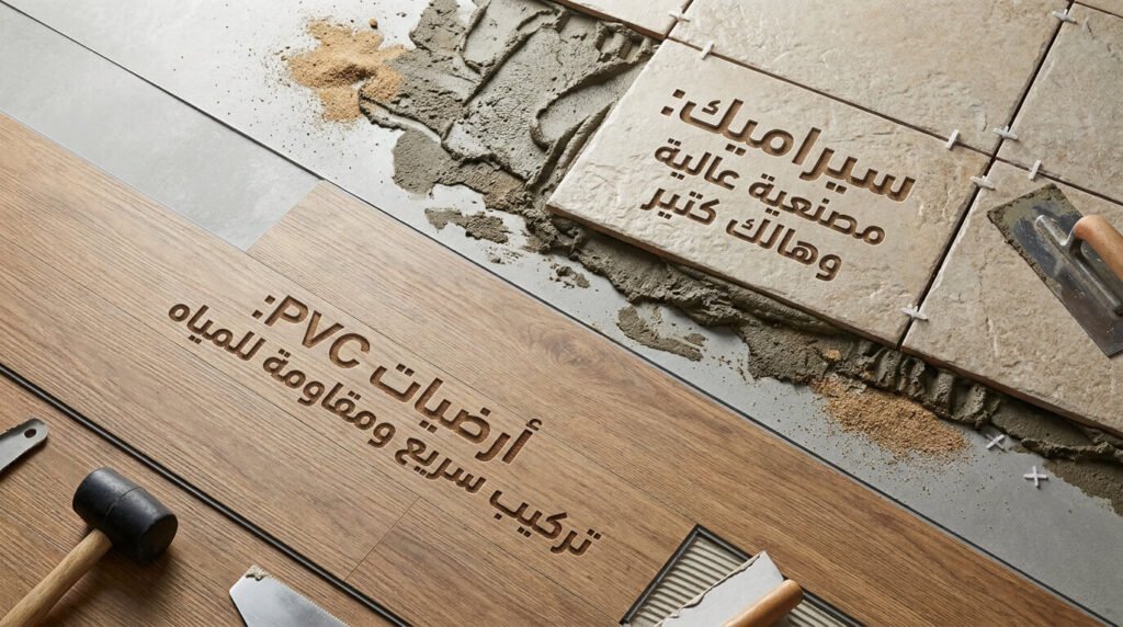 نظرة علوية تقارن بين هالك السيراميك التقليدي وسرعة تركيب أرضيات الـ PVC المقاومة للماء لتوفير تكلفة تشطيب شقة.
