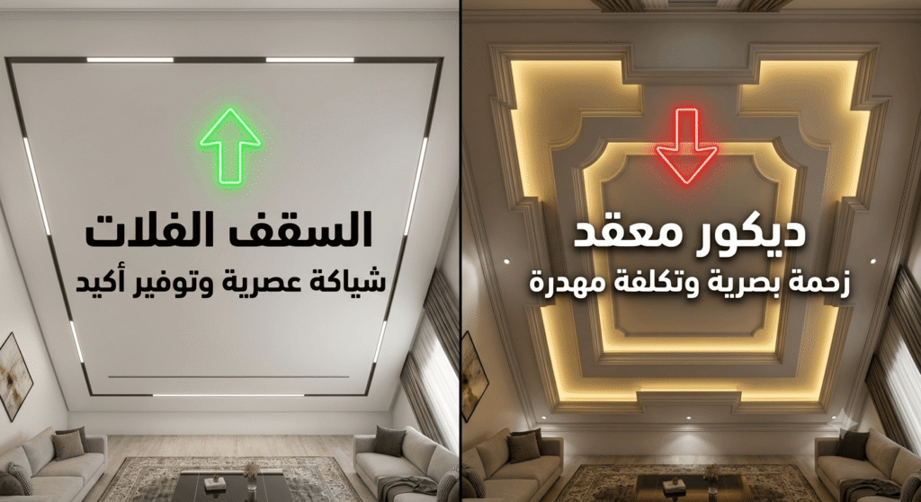 مقارنة توضح أن الأسقف الفلات العصرية أفضل من ديكورات الجبس المعقدة لأنها تعطي اتساعاً للمكان وتخفض إجمالي تكلفة تشطيب شقة.

