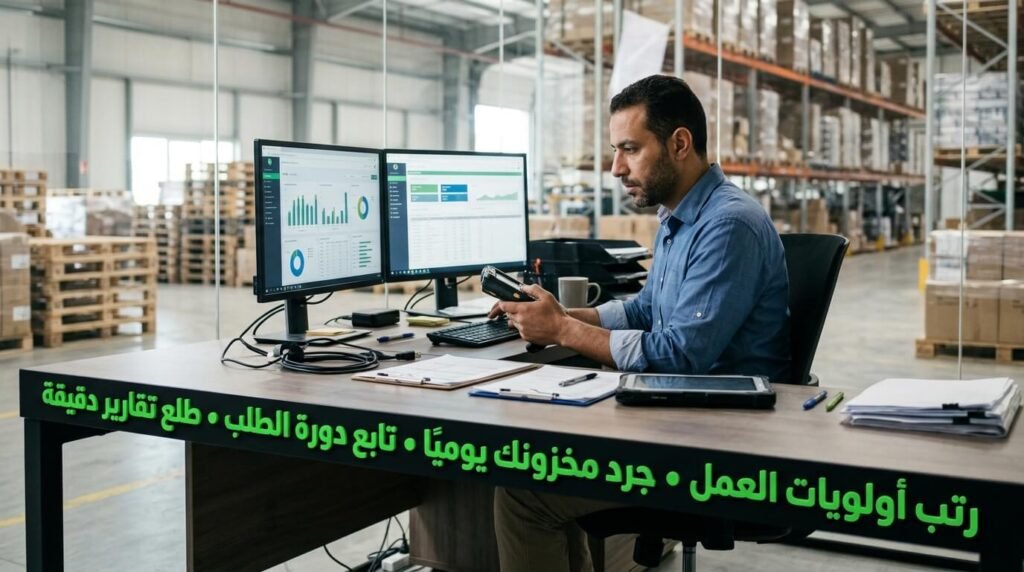 مدير عمليات يتابع دورة الطلب وجرد المخزون كجزء أساسي من خطة إدارة المتاجر الإلكترونية الناجحة.
