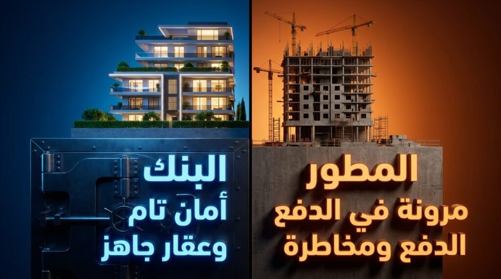 انقسام الشاشة يقارن بين مخاطر الإنشاء عند الشراء من المطور العقاري وبين الأمان التام للعقار الجاهز بتمويل البنوك في شقق بالتقسيط.