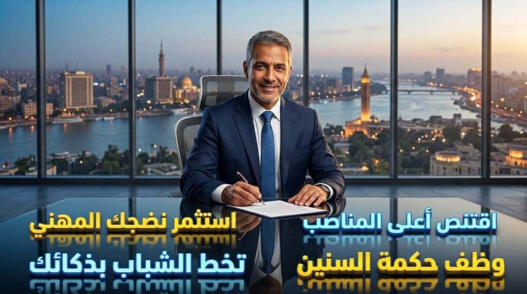 مدير مصري ناضج يوقع عقد عمل تنفيذي كدليل على النجاح في إيجاد عمل بعد سن الأربعين وتخطي منافسة الشباب.