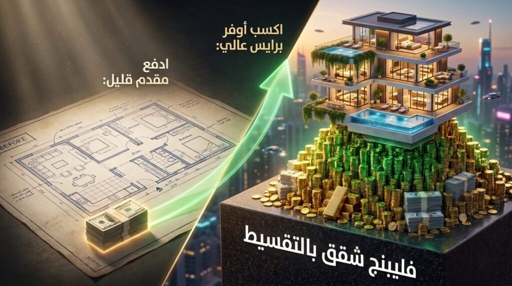 مجسم ثلاثي الأبعاد يوضح استراتيجية الفليبنج وكيفية تحقيق أوفر برايس عالي بدفع مقدم قليل عند الاستثمار في شقق بالتقسيط.