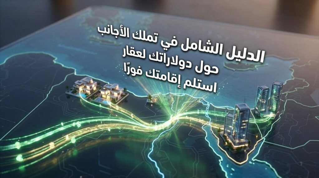 خريطة رقمية مضيئة توضح تدفق العملات الأجنبية كاستثمار مباشر يسهل إجراءات تملك الأجانب للعقارات في مصر.

