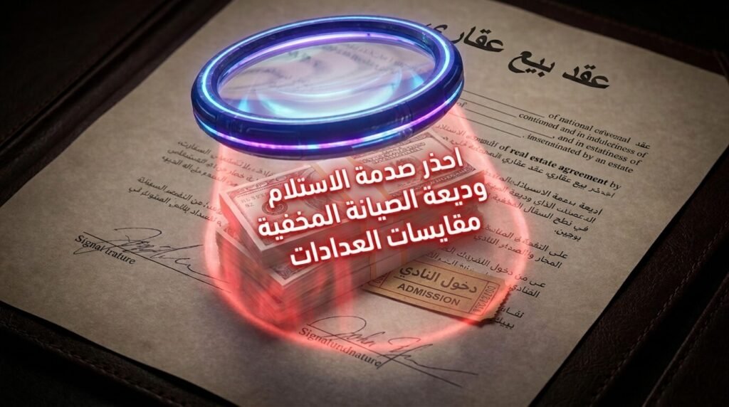 عدسة مكبرة تكشف المصاريف المخفية مثل وديعة الصيانة ومقايسات العدادات التي يجب الحذر منها قبل استلام شقق بالتقسيط.