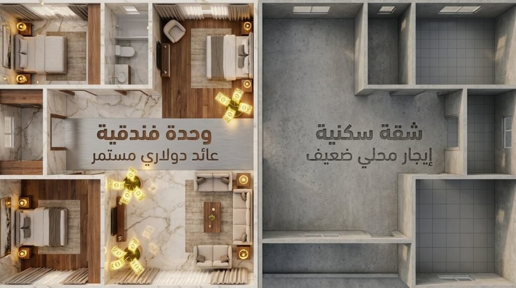 نظرة علوية تقارن بين العائد الدولاري للوحدات الفندقية والإيجار المحلي الضعيف للشقق السكنية لتوجيه تملك الأجانب.

