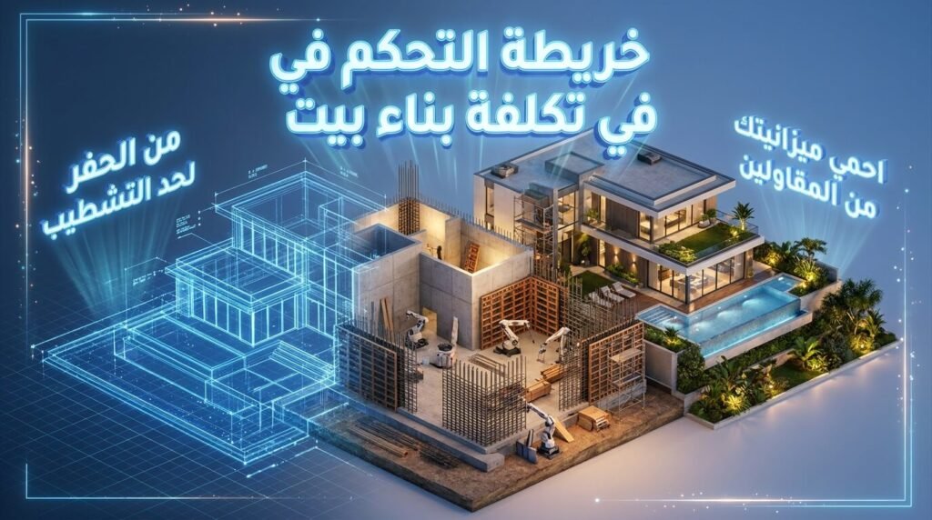 مجسم ثلاثي الأبعاد يوضح مراحل الإنشاء من الحفر إلى التشطيب للسيطرة على تكلفة بناء بيت وحماية الميزانية من المقاولين.
