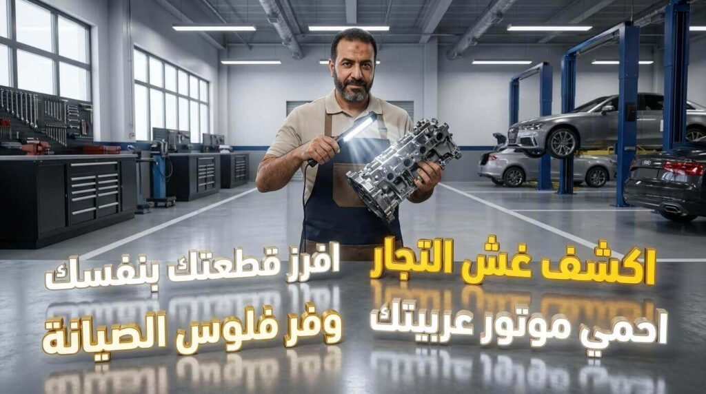 شاب مصري يفحص قطع غيار السيارات بنفسه داخل الورشة لاكتشاف الغش وحماية موتور سيارته.