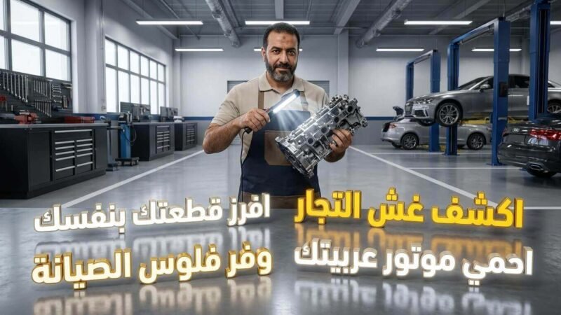 شاب مصري يفحص قطع غيار السيارات بنفسه داخل الورشة لاكتشاف الغش وحماية موتور سيارته.
