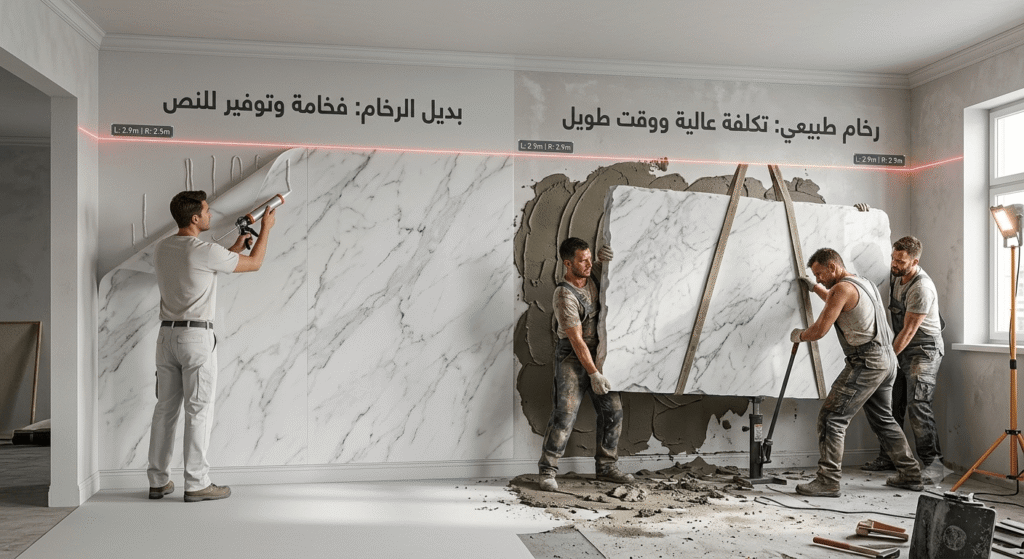 مقارنة بين إرهاق تركيب الرخام الطبيعي وسهولة لصق بديل الرخام لتخفيض تكلفة تشطيب شقة مع الحفاظ على المظهر الفاخر.
