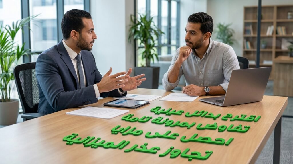 تفاوض الموظف على البدائل العينية والمزايا الإضافية عند مواجهة عذر الميزانية الصفرية للشركة.
