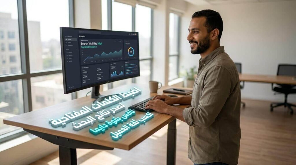 مستقل يضبط إعدادات حسابه لتصدر نتائج البحث وجذب العملاء عبر منصات العمل الحر.

