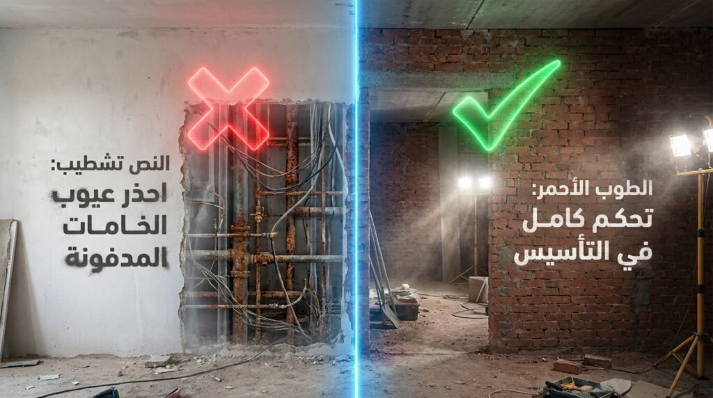 صورة توضح الفرق بين السيطرة على تكلفة تشطيب شقة على الطوب الأحمر، وبين المخاطرة بالخامات المدفونة في الشقق النصف تشطيب.
