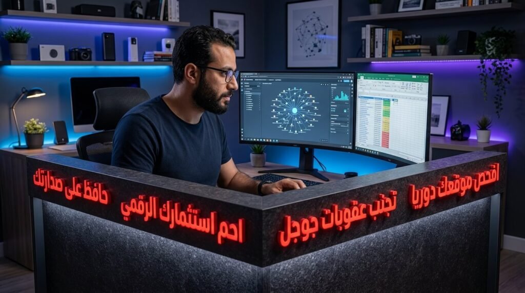فحص الموقع بانتظام ضد الروابط الضارة وتجنب العقوبات اليدوية لحماية الاستثمار الرقمي.
