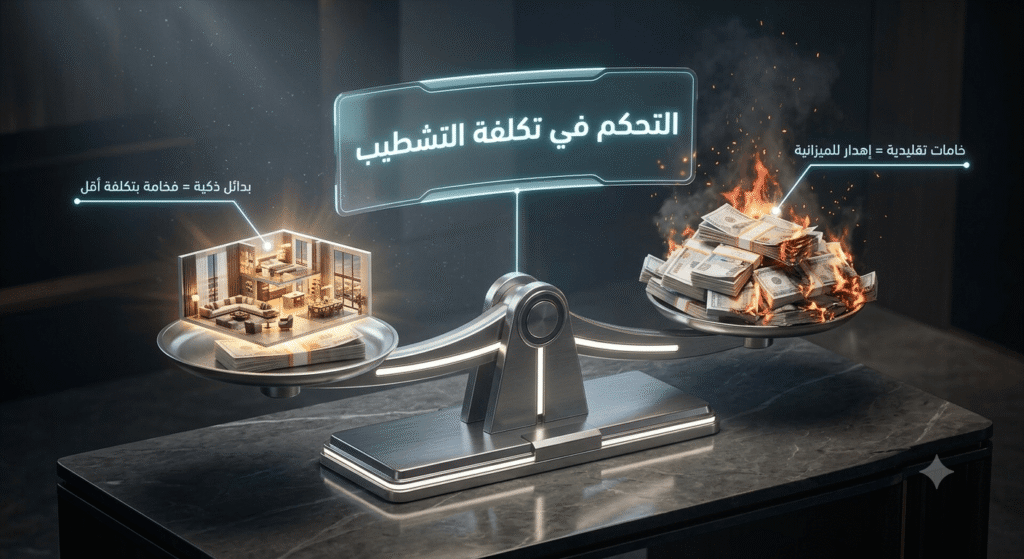 ميزان هندسي يقارن بين إهدار الأموال على الخامات التقليدية وبين استخدام البدائل الحديثة لتقليل تكلفة تشطيب شقة مع الاحتفاظ بالفخامة.