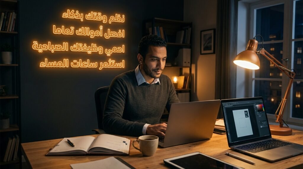 موظف ينظم وقته بذكاء بين وظيفته الصباحية وتأسيس شغل اونلاين من البيت في المساء.
