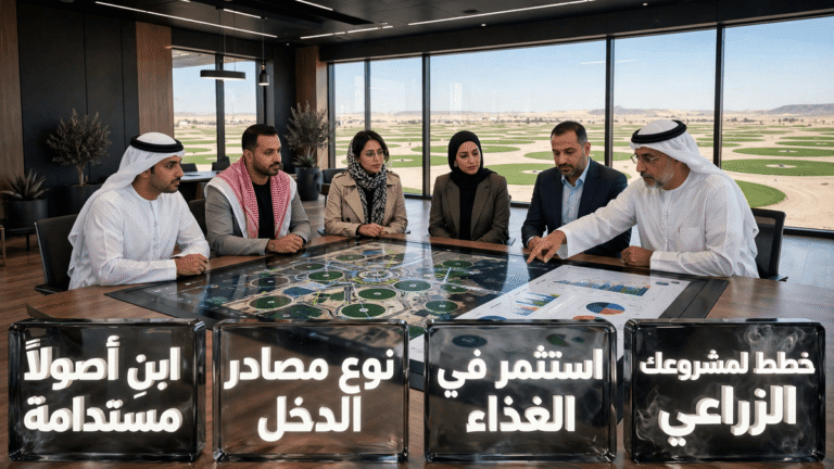 مستثمرون يخططون لمشروع الاستثمار الزراعي عبر شاشة تفاعلية في قاعة اجتماعات تطل على مزارع حديثة.