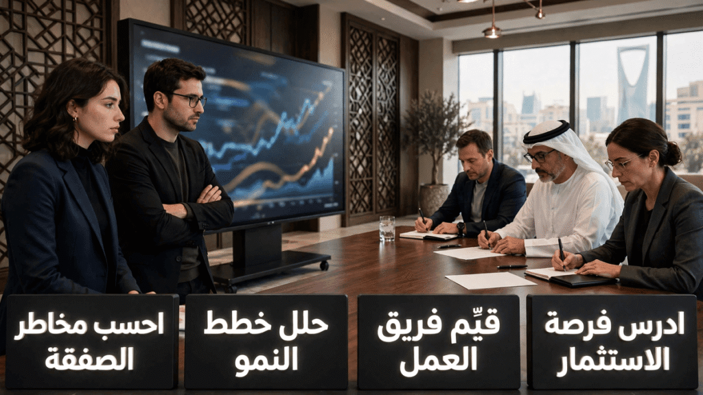 رواد أعمال يعرضون خطة نمو شركة ناشئة تكنولوجية أمام مستثمرين ملائكيين في قاعة اجتماعات.

