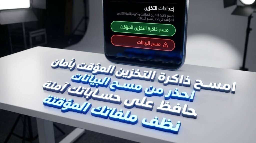 الفرق الآمن بين مسح الكاش ومسح البيانات لتطبيقات الموبايل عند إصلاح مشكلة ذاكرة الهاتف ممتلئة.
