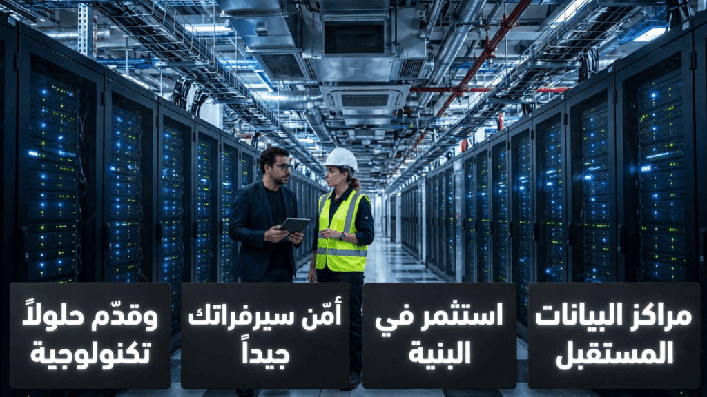مهندسون يفحصون خوادم سحابية وأنظمة تبريد داخل مركز بيانات آمن لدعم نمو أي شركة ناشئة.

