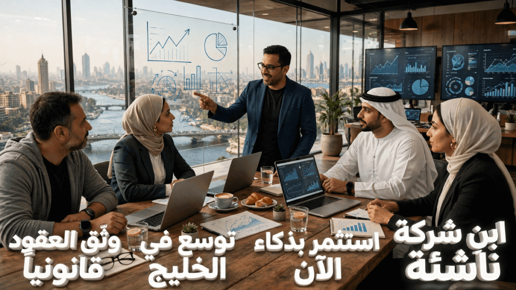 اجتماع تفاعلي لرواد أعمال ومستثمرين يخططون لتأسيس شركة ناشئة تقنية في مكتب حديث يطل على أفق القاهرة والخليج.