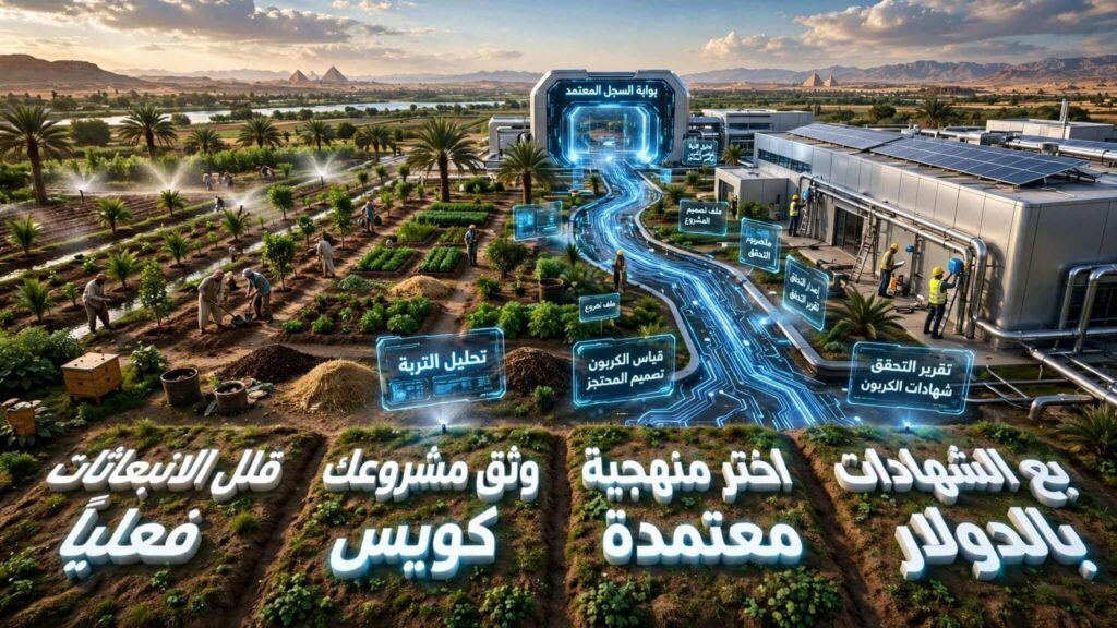 صورة لمقال تداول شهادات الكربون توضح خطوات تحويل المزرعة أو المصنع إلى مشروع كربوني عبر التوثيق والقياس واختيار منهجية معتمدة وبيع الشهادات.