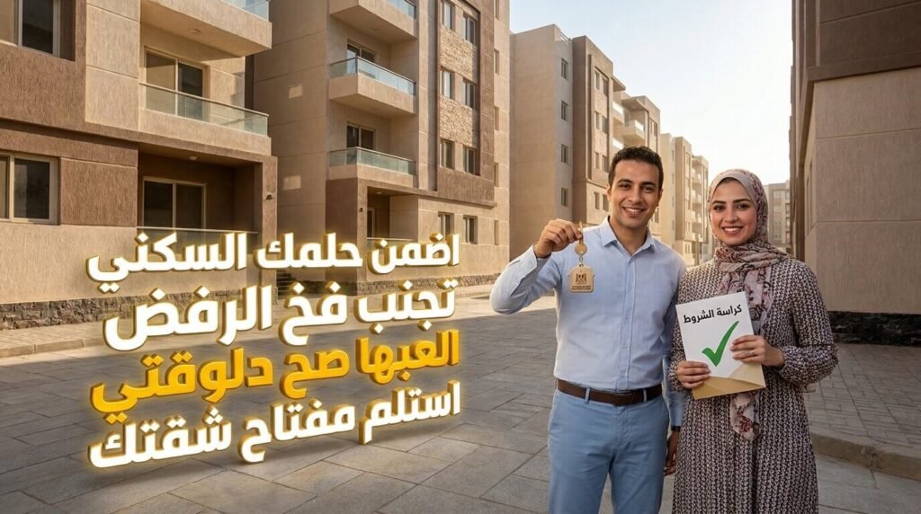 زوجين مصريين يستلمان مفتاح شقتهم الجديدة بفرحة أمام عمارة شقق الإسكان الاجتماعي بعد قبول طلبهم.