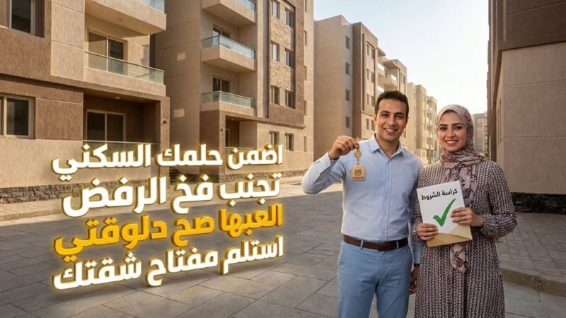 زوجين مصريين يستلمان مفتاح شقتهم الجديدة بفرحة أمام عمارة شقق الإسكان الاجتماعي بعد قبول طلبهم.
